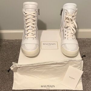 Balmain Men's White Leather High-Top Sneakers